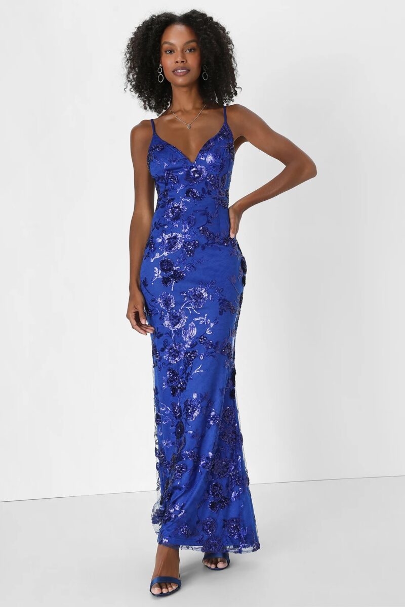 Photo Finish Royal Blue Sequin Lace-Up Maxi Dress