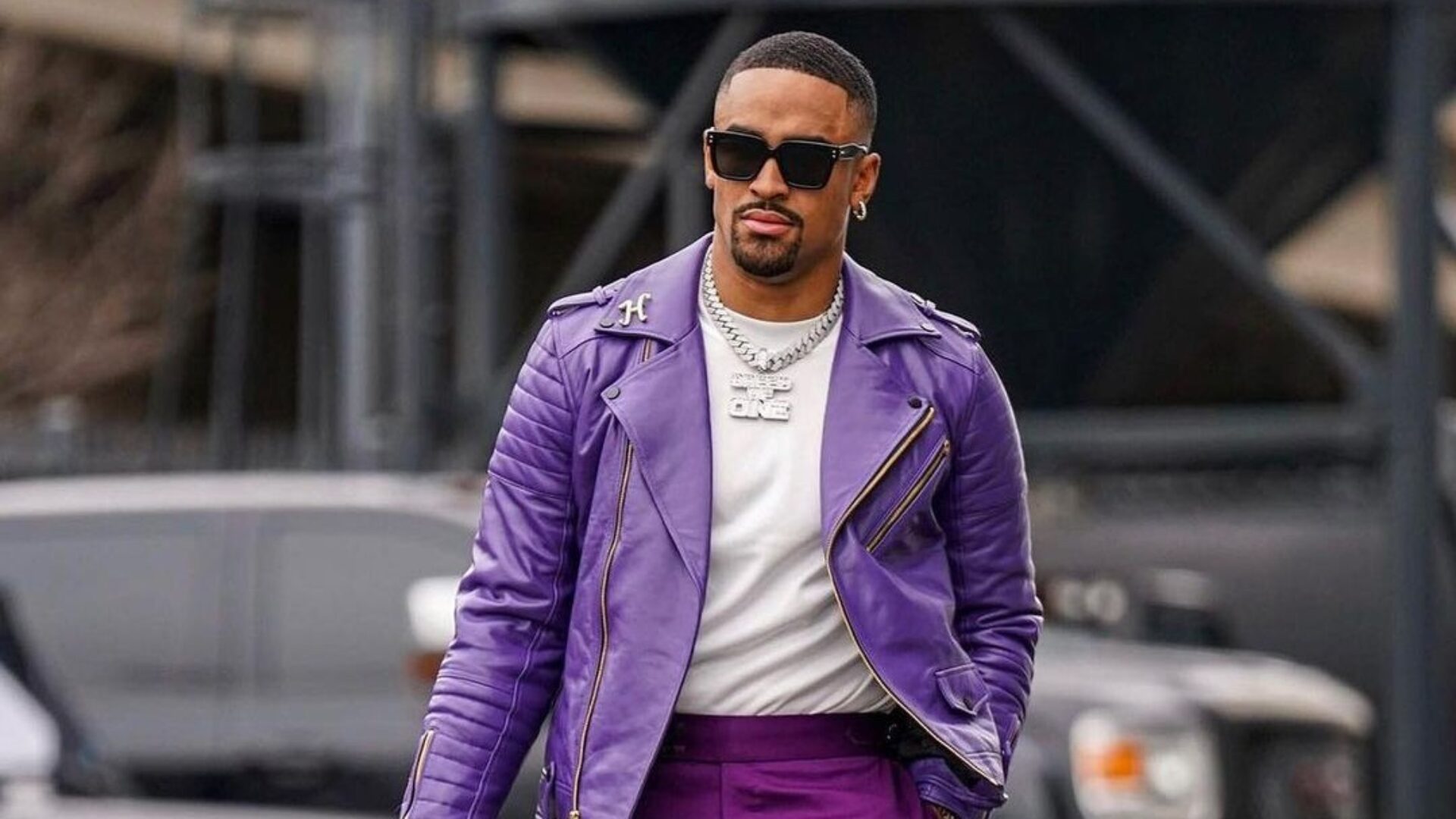 Philadelphia Eagles Jalen Hurts Purple Leather Jacket